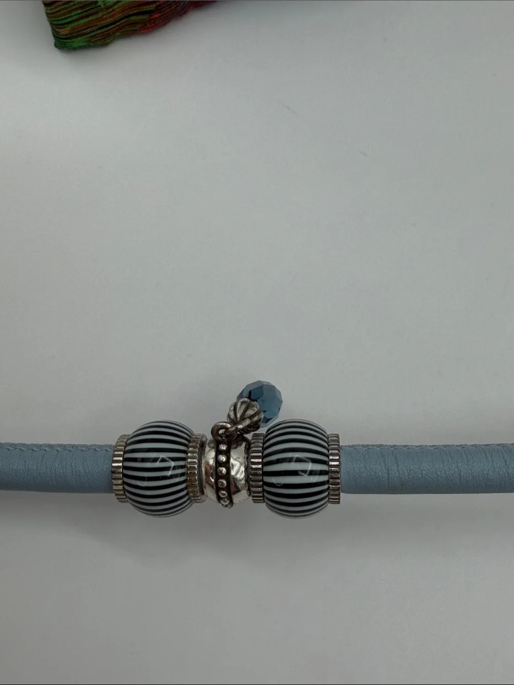 Brighton Pale Blue MdLg WoodstockLeather Bracelet with Silver Beads and Teardrop